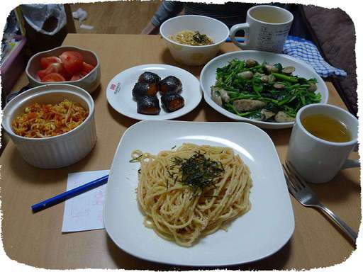 たらこパスタ、ほうれん草とソ...