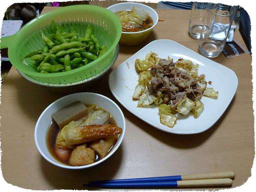おでん、白菜肉炒め、枝豆