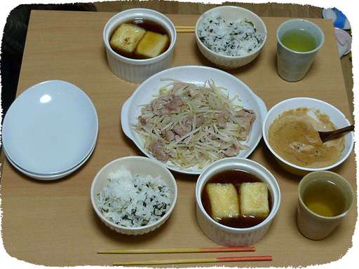 揚げ出し豆腐、もやし炒め