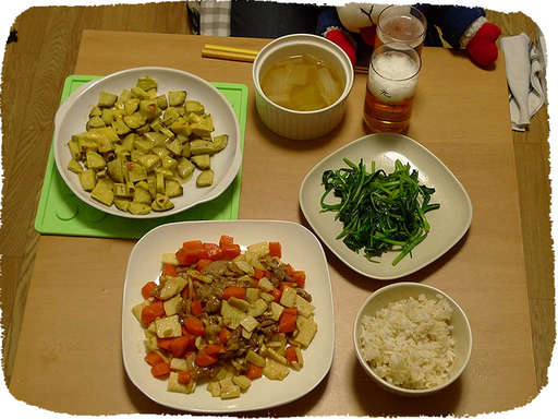 中華風竹の子炒め、ほうれん草...