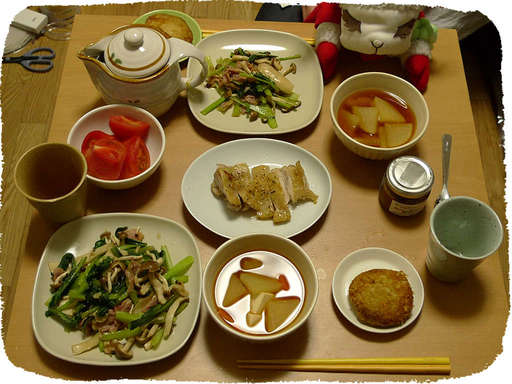 きのこ炒め、鶏肉、グリーンピ...