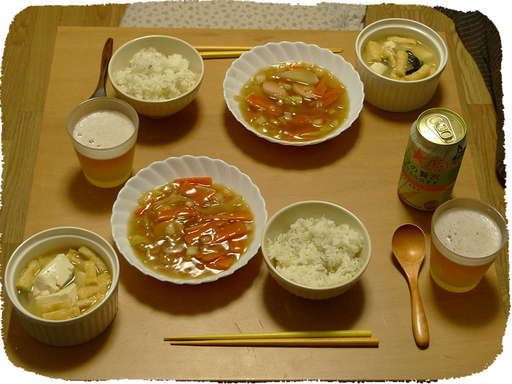 ごはん、みそ汁、あんかけ