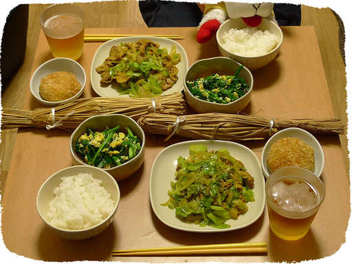 納豆、キャベツ炒め