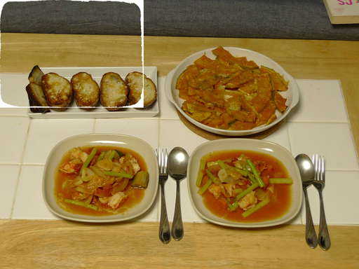 かぼちゃ焼き、えびトマト煮