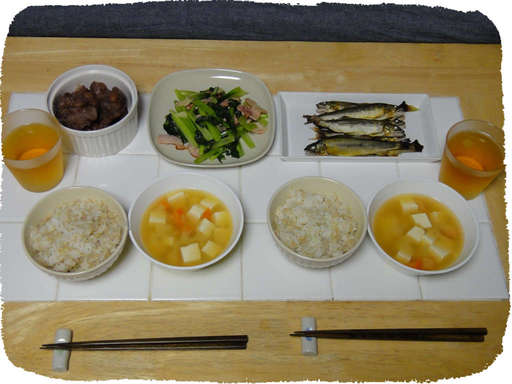 鮎、小松菜炒め、ご飯、みそ汁