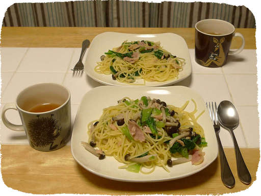 青梗菜ハムしめじパスタ