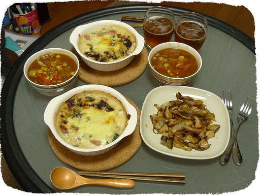 山芋グラタン、椎茸炒め、シチ...