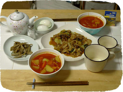 トマトスープ、野菜炒め
