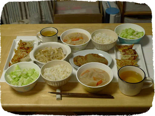 餃子、じゃこ天、新タマネギ炒...