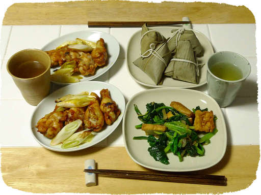 手羽元炒め、厚揚げ野菜炒め