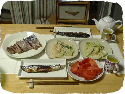 サンマ、鰹のたたき、チンゲン...