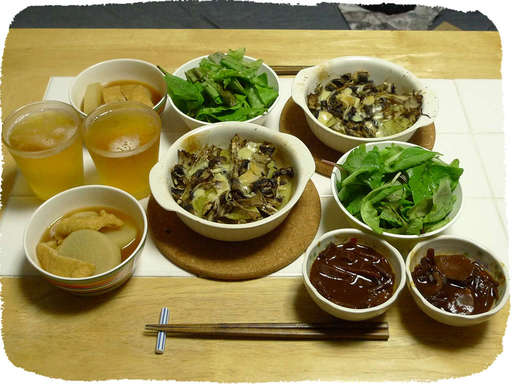 きのこオーブン焼き、もつ煮