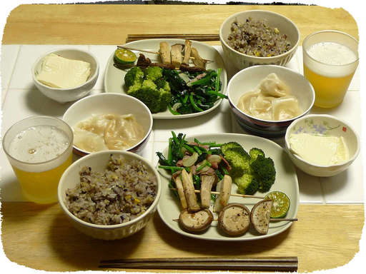 きのこ串焼き、ほうれん草炒め