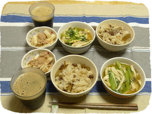 ごぼう丼、きのこ卵スープ
