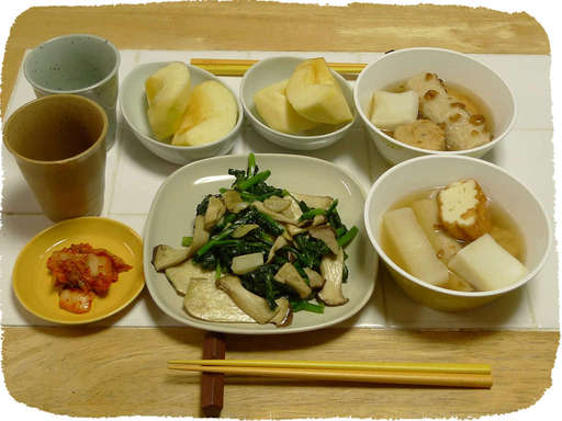 おでん、エリンギほうれん草炒...