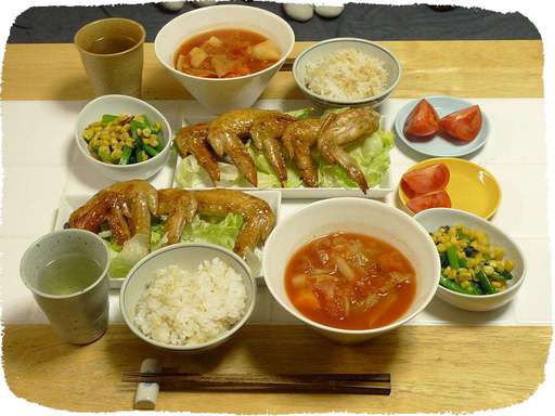 手羽先の照り焼き、トマトスー...