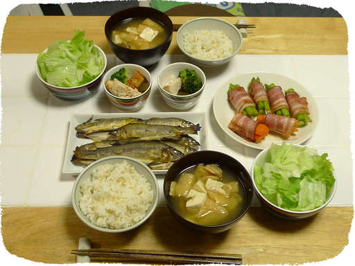 鮎塩焼き、アスパラベーコン