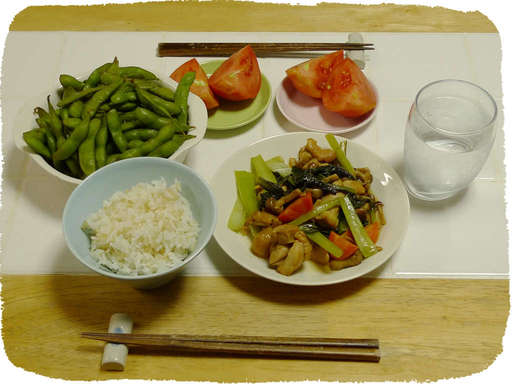 鶏肉炒め、枝豆