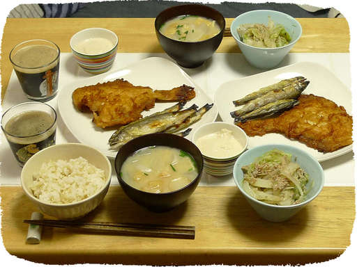 鮎、揚げカレイ、桜エビレタス