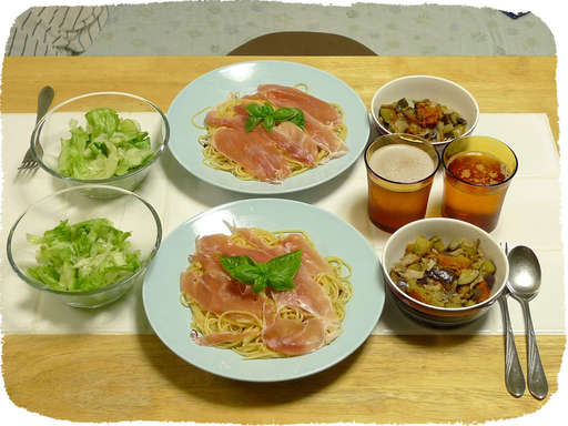 生ハムパスタ、ラタトュユ