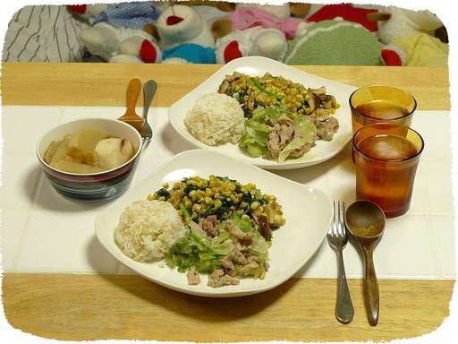 レタス肉炒め、コーンほうれん...