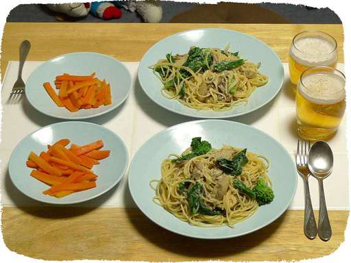 菜の花パスタ、にんじん炒め