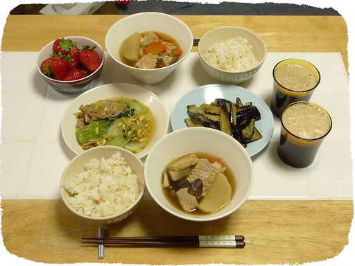 もやし炒め、ナス揚げ浸し、か...