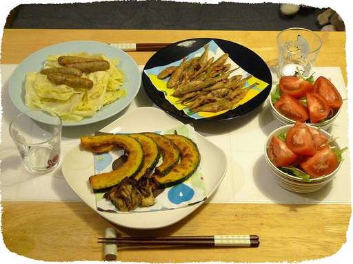 かぼちゃとマイタケの素揚げ、...