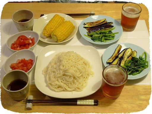 そうめん、揚げナス、とうもろ...