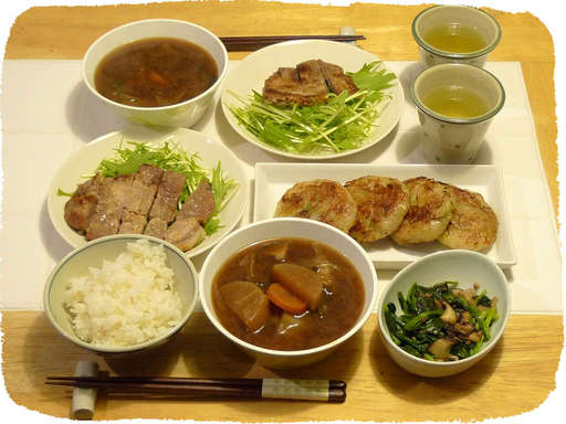 レンコンもち、塩麹豚肉焼き、...
