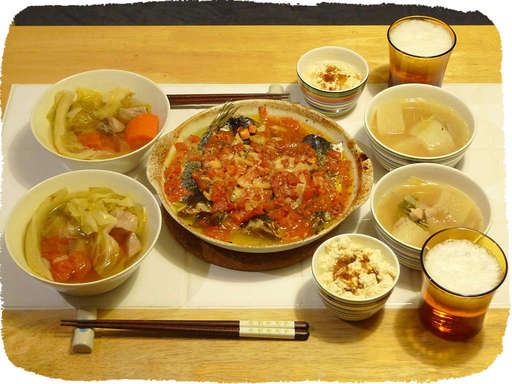 トマトいわしオーブン焼き、ポ...