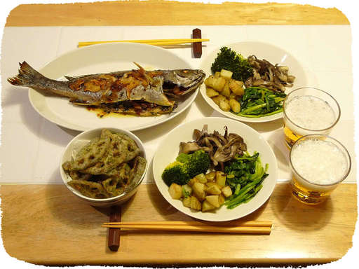 スズキのにんにくハーブ焼き、...