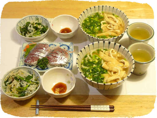 きつねうどん、あじ刺身