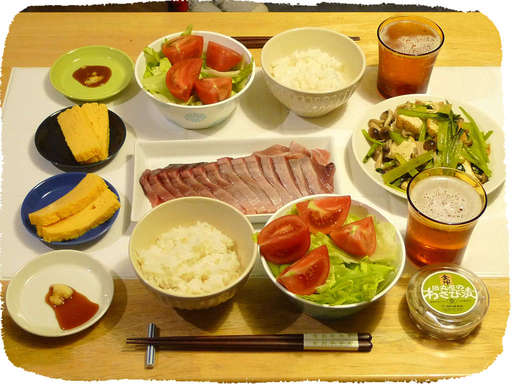 カツオの刺し身、野菜炒め
