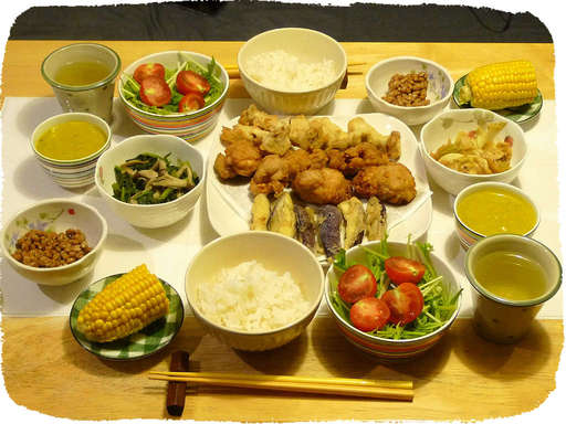 鶏唐揚げ、ナスとエリンギの天...