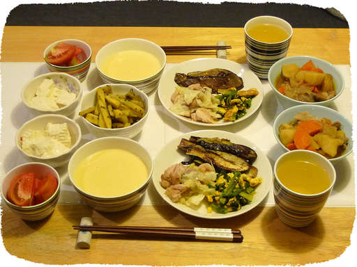 揚げなす、コーンスープ、肉じ...