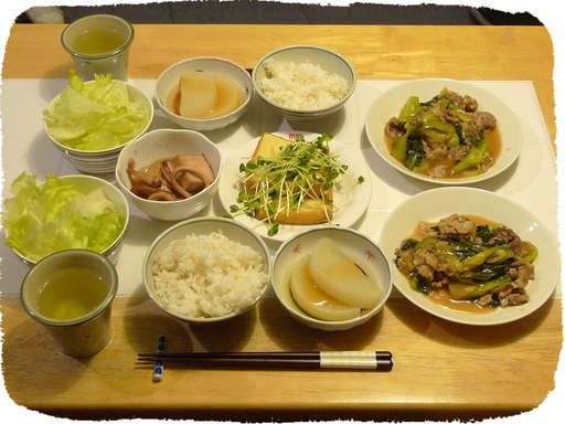 チンゲンサイ豚肉炒め、厚揚げ...