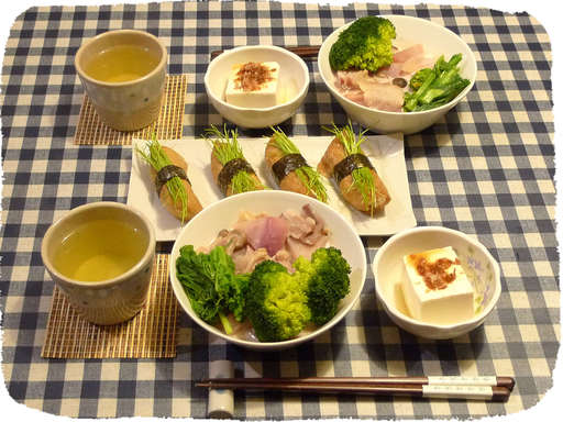 芽ネギいなり、赤かぶスープ