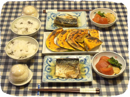 さば味噌煮、かぼちゃオーブン...