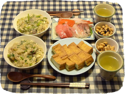 もち米リゾット、厚揚げ、刺身