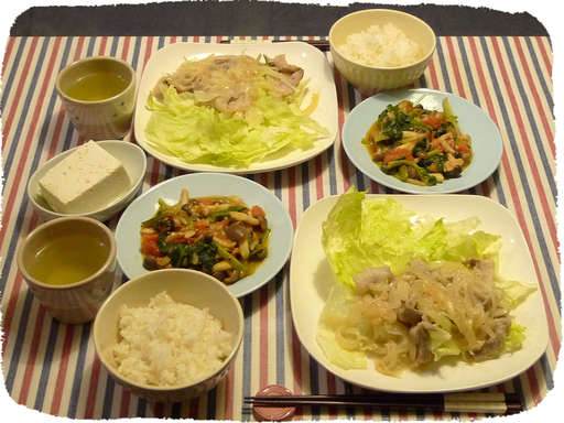 レモン風豚炒め、トマトしめじ...