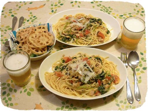 ベーコン野菜パスタ、れんこん...