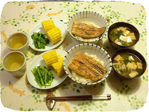 うなぎのほぼ白焼き、味噌汁