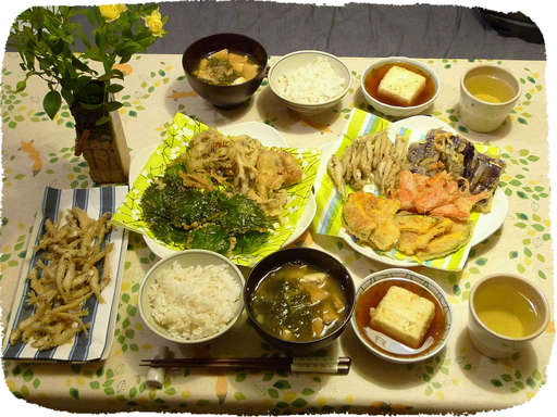 ワカサギ、しそ、かぼちゃの天...