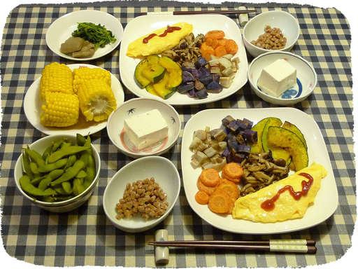 オムレツと焼き野菜、とうもろ...