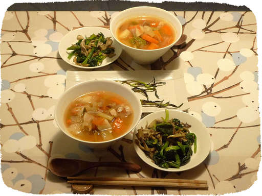 とら豆スープ、ほうれん草炒め