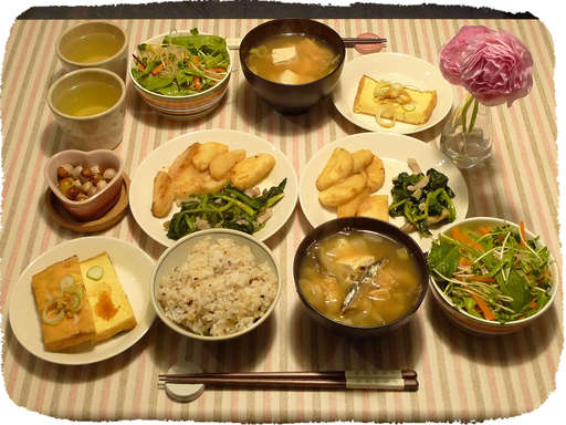 厚揚げ、長芋ソテー、味噌汁、...
