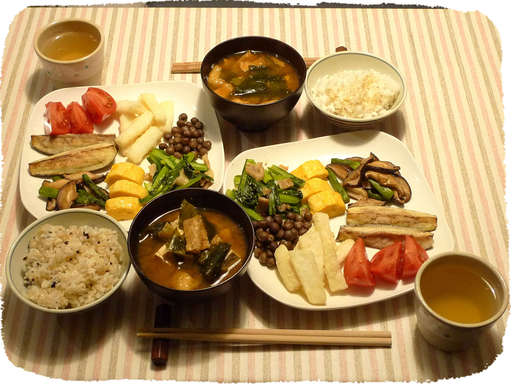 卵焼き、あげナス、味噌汁