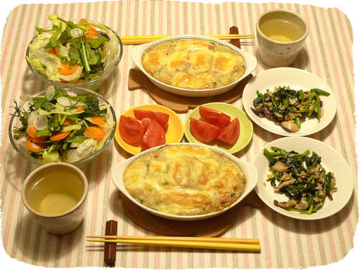 ポテトグラタン、野菜炒め、サ...