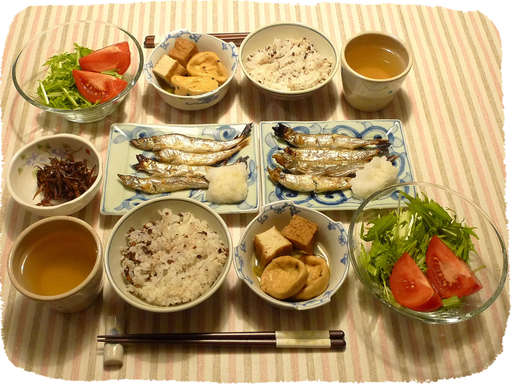 ししゃも、厚揚げ、サラダ